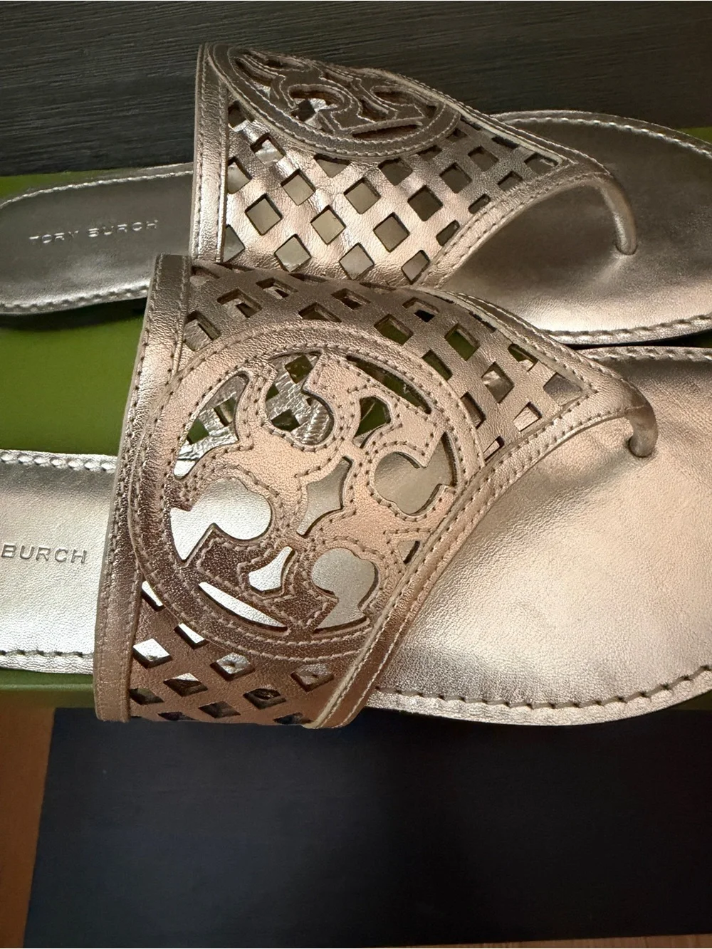 Tory Burch Metallic Gold Leather Cutout Thong Sandals